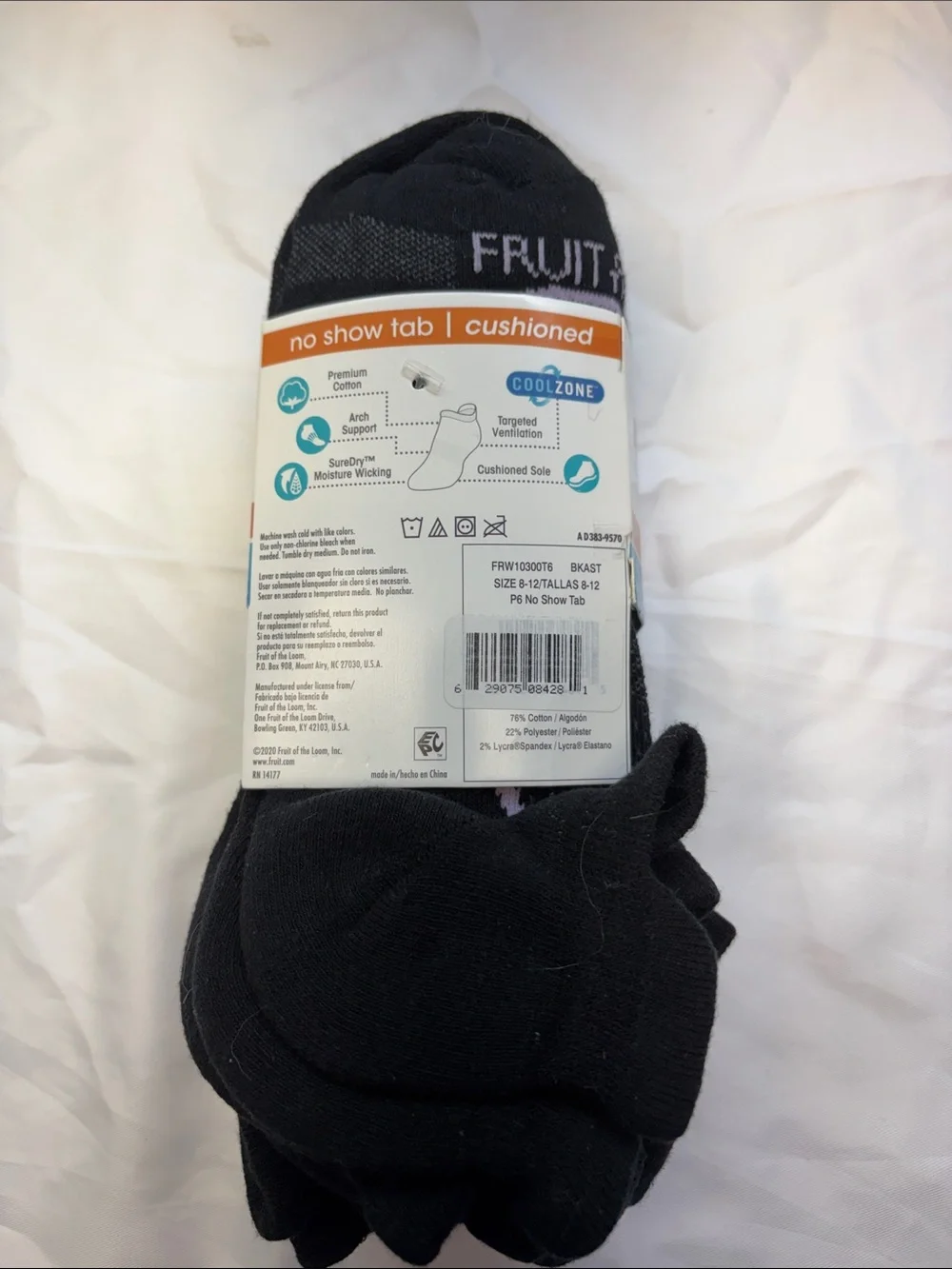 Fruit of the Loom Men’s No-Show Cushioned Socks in Black with Purple Accent